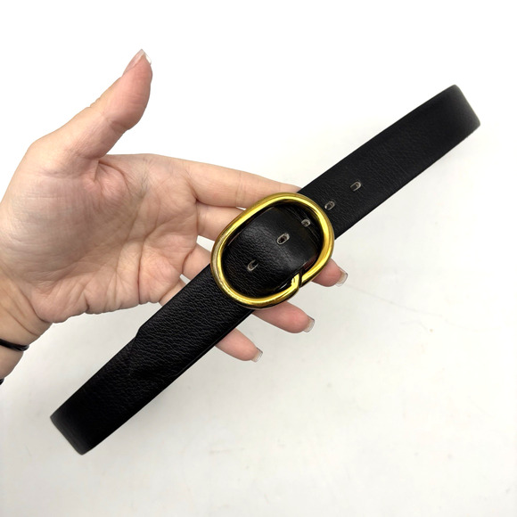 Vintage 70s Black Featherlite Leather Belt with Solid Brass Slide Buckle 31-34" - Picture 8 of 15